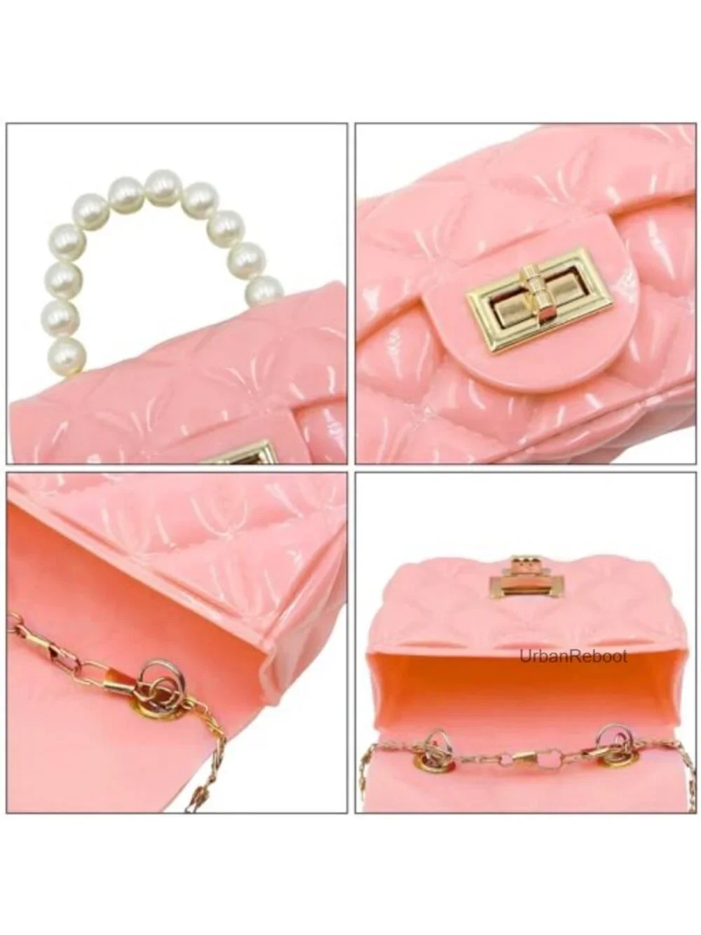Girls Mini PVC Satchel Crossbody Purse with Pearl Handle & Chain Strap